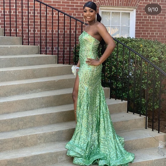 Green Sequin no Shoulder Evening Gown